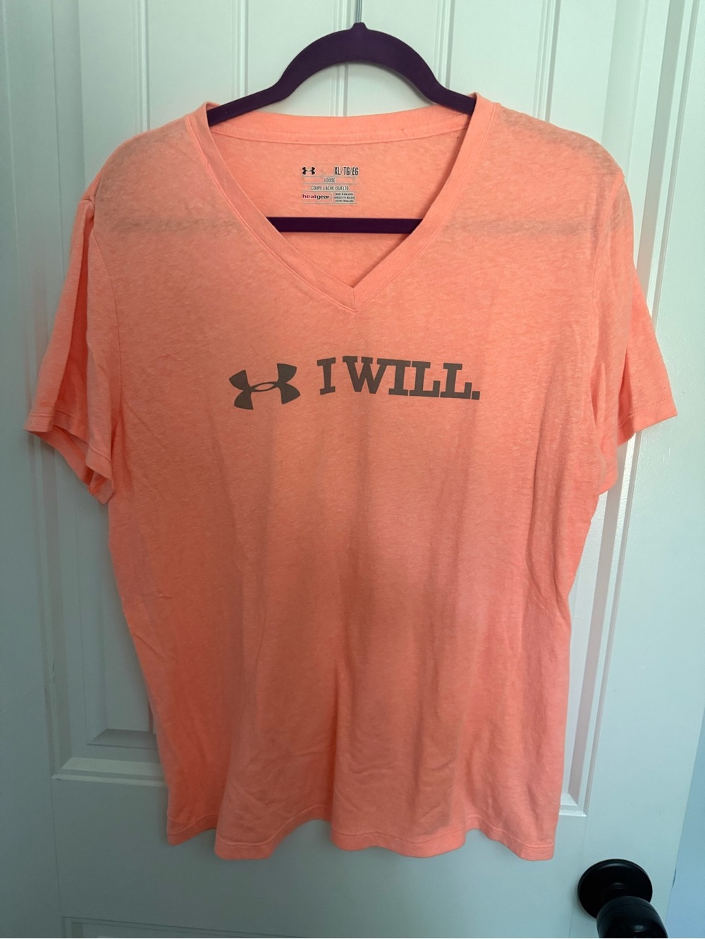 Under Armour Women’s Peach V-Neck T-Shirt with "I WILL." Logo